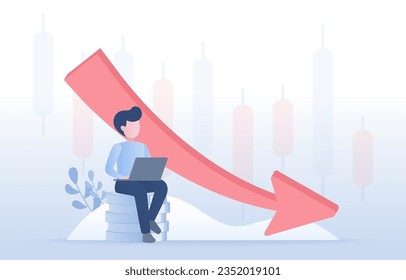 Financial business and analysis of investor decreasing expenses concept. Bankruptcy, cost decline reduction, decreasing arrow. Flat vector design illustration with copy space.