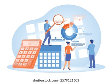 Financial and business analysis. Business team analyzing financial data with diagrams and calculators. Business Analysis Instruments concept. Flat vector illustration.