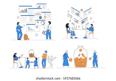 Financial and business analytics set. Different characters with money  and graphs isolated on white background. Family budget, business advisor, investors, pension funds. People with income.