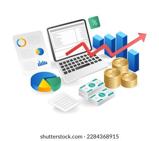 Análisis financiero y empresarial. Ilustración vectorial. Diseño isométrico plano.