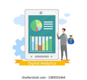 Financial, Business Analytics Web Banner Template. Financiers, Data Analysts Flat Vector Character. Cartoon Digital Marketer, Broker, Investor. Diagram, Chart on Smartphone, Tablet Screen