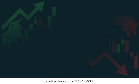 financial business background with Bull and bear market trends illustrated through candlestick charts. Suitable for financial presentations, investment reports, and market analysis articles.