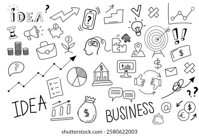 Financial, business and bank icons vector set. Money, finance and charts, infographics, goal, handwritten words, communication and success. Vector illustration. Isolated linear hand drawn doodles.