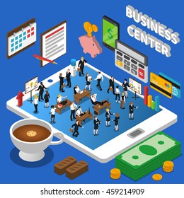 Financial business center isometric composition poster with market participants and dollar exchange rate diagrams abstract vector illustration 