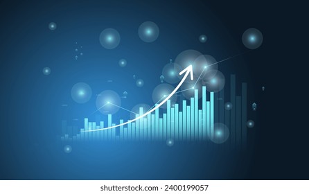 Gráfico financiero, de negocios y con gráfico de flecha hacia arriba en el mercado de valores en el vector de fondo de color azul