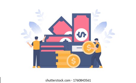 financial business concepts, e-payment, e-wallet, financial services. a team stands in front of their wallet and money while holding coins. flat design. can be used for elements, landing pages, UI