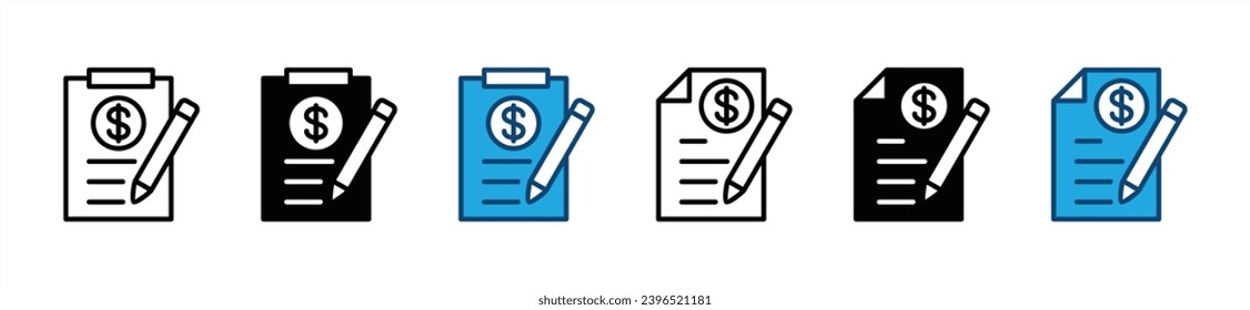 Financial business contract icon set. Contract signing, copywriting, paper documents, text web, clipboard paper and pencil, words, notepad, hand writing on document icon symbol. Vector illustration