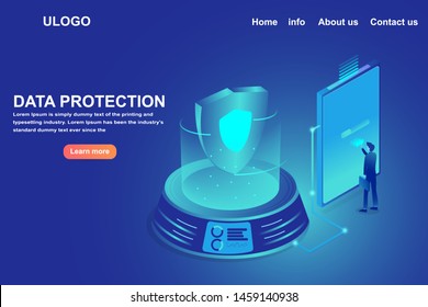  Financial and business Data security protection landing page. Isometric 3d of guard shield isolated on futuristic technology machine with blue background. 