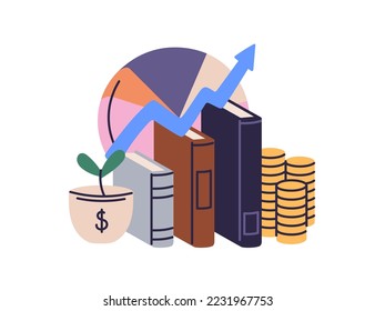Financial and business education, economics study, finance literacy concept. Books on economy, investment knowledge and money composition. Flat vector illustration isolated on white background