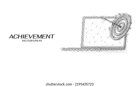 Financial business goal for success, achievement target concept with laptop and archery on the screen low poly wireframe vector.