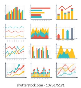 Financial business graphics and diagram set in vector style. Infographic illustrations. Colored chart and graphic, diagram and graph