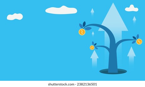 Concepto de crecimiento de negocios financieros con ilustración de árbol de dinero, flechas arriba, fondo azul con nubes. la inversión abarca el diseño artístico, los beneficios y los intereses.