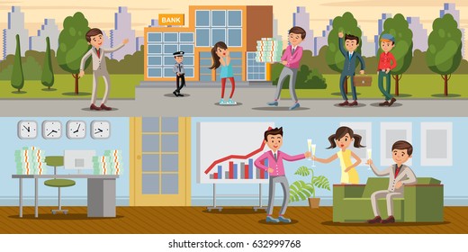 Financial business horizontal banners with bank investments and people celebrating big company income vector illustration