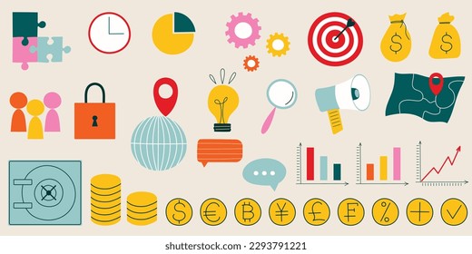 Financial and business icons. Singl hand drawn illustration on the topic of money and savings, interaction with the client. Plans and development in a modern style. World currencies, safe, schedule