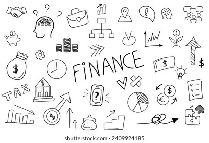 Financial and business icons vector set. Money, business, finance and charts, infographics, goal, communication and success. Vector illustration. Isolated linear hand drawn doodles.