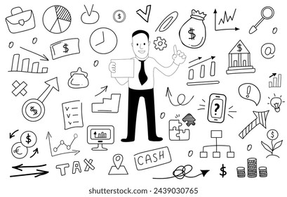 Conjunto de vectores de iconos financieros y empresariales. Dinero, negocios, finanzas y gráficos, infografías, meta, comunicación y éxito. Ilustración vectorial. Garabatos dibujados a mano lineales aislados.