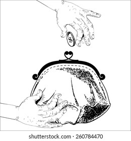 Financial business Illustration. Hand giving money to Purse. How to earn first million. Isolated Illustration. Earnings in the Internet. Eps 8