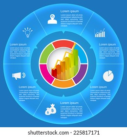 Financial and Business Info graphic, Graph/Chart - Business Icon and Text Information on Blue Circle Design. Workflow/Element Layout Design. Vector Illustration.