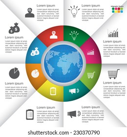 Financial and Business Infographic. Globe Abstract  on Blue Background Business Icon and Text Information Design. Vector Illustration.