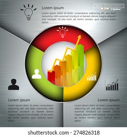 Financial and Business Infographic/Diagram with  3 Options, Graph/Chart Going Up, Business Icon and Text Information on Metallic Grey Background. Workflow/Element Layout Design. Vector Illustration.