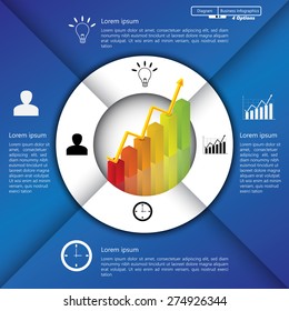 Financial and Business Infographic/Diagram with 4 Options, Graph/Chart Going Up, Business Icon and Text Information on Blue/White Background. Workflow/Element Layout Design. Vector Illustration.