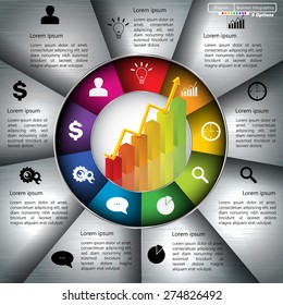 Financial and Business Infographic/Diagram with 9 Options, Graph/Chart Going Up, Business Icon and Text Information on Metallic Grey Background. Workflow/Element Layout Design. Vector Illustration.
