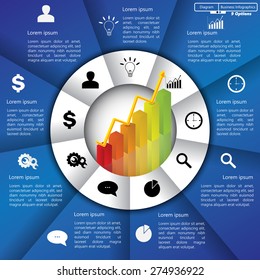 Financial and Business Infographic/Diagram with 9 Options, Graph/Chart Going Up, Business Icon and Text Information on Blue/White Background. Workflow/Element Layout Design. Vector Illustration.