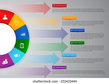 Financial And Business Infographic.Half Circle Icon & Abstract Arrow Background, Business Icon And Text Information Design. Vector Illustration.