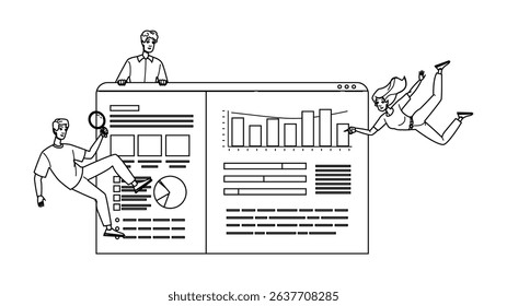 financial business intelligence vector. technology corporate, digital computer, bi finance financial business intelligence character. people black line pencil drawing illustration