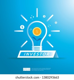 financial business investor funding concept with grow money coin plant on idea light illustration. Return on investment ROI or salary payment conceptual. vector illustration