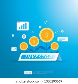 financial business investor funding concept with grow money coin plant illustration. Return on investment ROI or salary payment conceptual. vector illustration