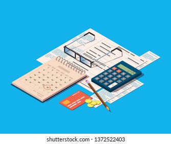 Financial or business operations icon. Payment time concept. Vector isometric illustration with invoices, calculator, calendar, pencil, coins, credit card and glasses