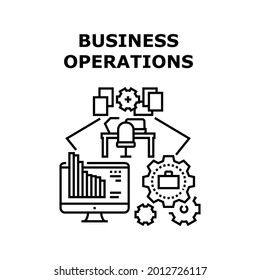 Financial Business Operations Vector Icon Concept. Working Process Management And Financial Business Operations, Analysis And Monitoring Market Prices Work At Workplace On Computer Black Illustration