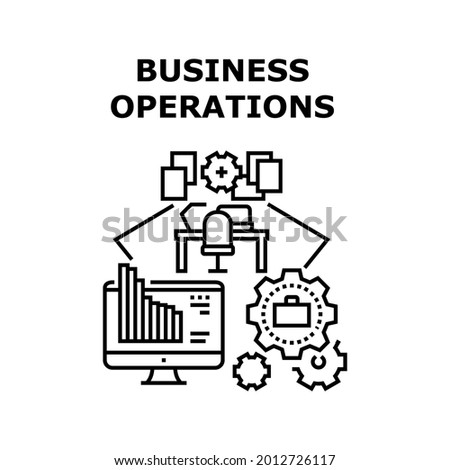 Financial Business Operations Vector Icon Concept. Working Process Management And Financial Business Operations, Analysis And Monitoring Market Prices Work At Workplace On Computer Black Illustration