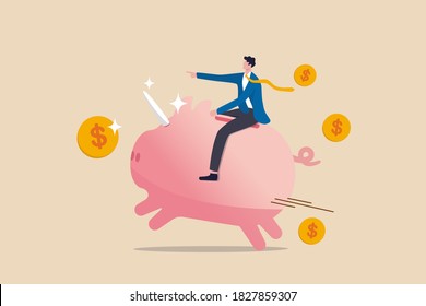 Financial, business opportunity to success in red ocean competitors or winner mutual fund or stock invest concept, businessman investor riding pink piggy bank with unicorn horn and dollar money coins.