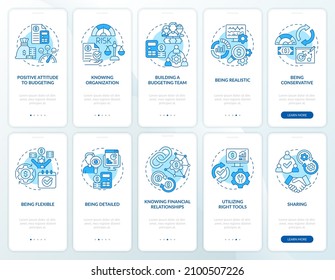 Financial business plan blue onboarding mobile app screen set. Walkthrough 5 steps graphic instructions pages with linear concepts. UI, UX, GUI template. Myriad Pro-Bold, Regular fonts used