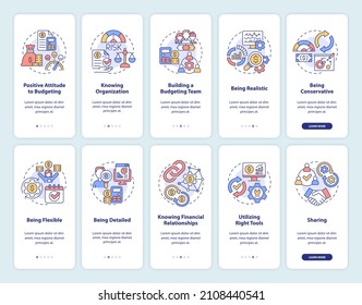 Financial business plan onboarding mobile app screen set. Walkthrough 5 steps graphic instructions pages with linear concepts. UI, UX, GUI template. Myriad Pro-Bold, Regular fonts used