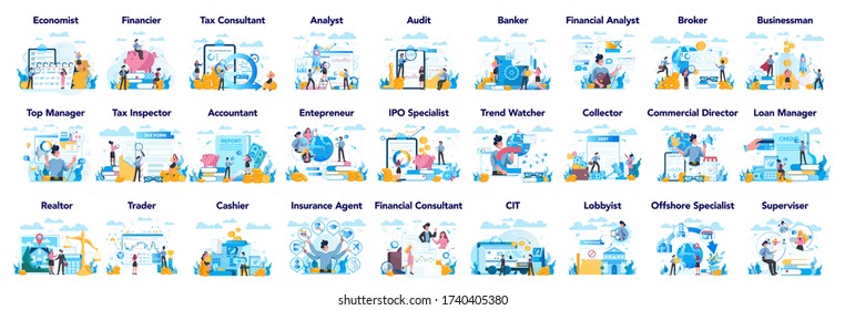 Financial or business profession set. Business character making financial operation. Economist, financier, broker, accountant, trader, ttax inspector, commercial direrctor. Vector illustration