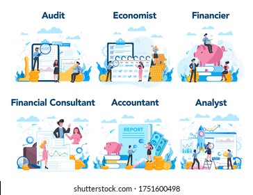 Financial or business profession set. Business character making financial operation. Economist, financier, accountant, financial consultant, analyst. Vector illustration