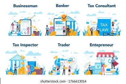 Financial or business profession set. Business character making financial operation. Economist, financier, accountant, financial consultant, analyst. Vector illustration