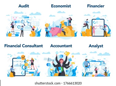 Financial or business profession set. Business character making financial operation. Economist, financier, accountant, financial consultant, analyst. Vector illustration