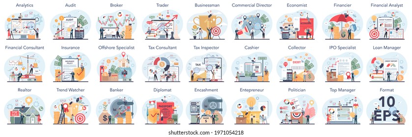 Financial Or Business Profession Set. Business Character Making Financial Operations And Developing. Audit, Insurance, Financial Consultant And Analyst. Vector Illustration