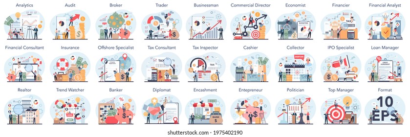 Financial Or Business Profession Set. Business Character Making Financial Operations And Developing. Audit, Insurance, Financial Consultant And Analyst. Vector Illustration