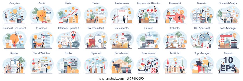 Financial or business profession set. Business character making financial operations and developing. Audit, insurance, financial consultant and analyst. Vector illustration