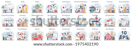 Financial or business profession set. Business character making financial operations and developing. Audit, insurance, financial consultant and analyst. Vector illustration