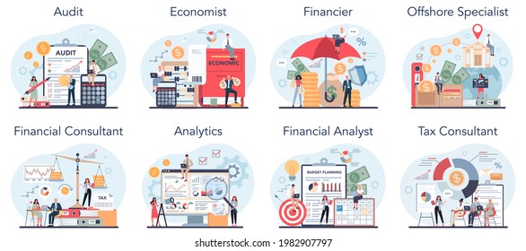 Financial or business profession set. Financial operations and commercial transactions. Audit, economist, tax or financial consultant and analyst offshore specialist. Vector illustration