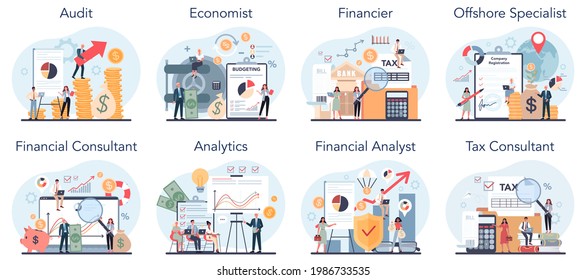 Financial or business profession set. Financial operations and commercial transactions. Audit, economist, tax or financial consultant and analyst offshore specialist. Vector illustration