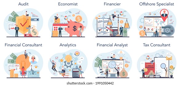 Financial or business profession set. Financial operations and commercial transactions. Audit, economist, tax or financial consultant and analyst offshore specialist. Vector illustration