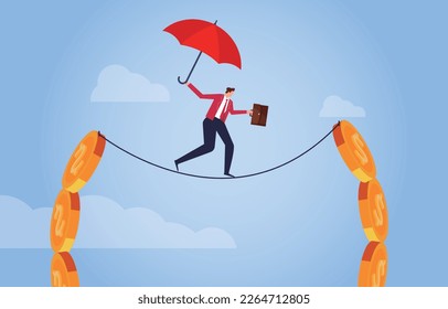 Financial or business risk and insurance, crisis prevention and risk avoidance, businessman with an umbrella walking a wire rope from one section of the pile of gold coins to the other end of the pile