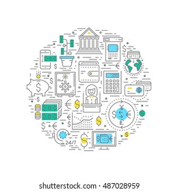 Financial business round composition with bank money and credit cards currency exchange and customer service vector illustration